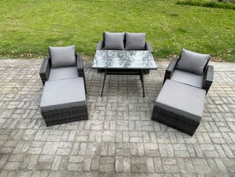 Fimous Garden Dining Set Wicker PE Rattan Outdoor Furniture Sofa with Rectangular Dining Table Double Seat Sofa 2 Big Footstool 2 Armchairs