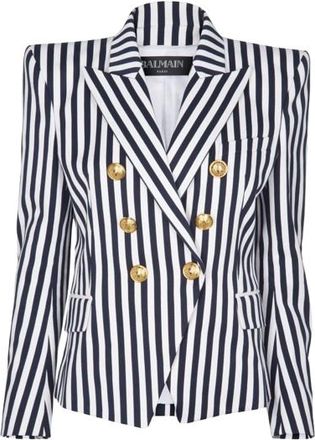 Balmain Navy and White Striped Double Breasted Blazer Size 40