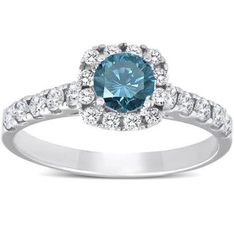 Pompeii3 1 Ct Blue Diamond Cushion Halo Engagement Ring 14k White Gold
