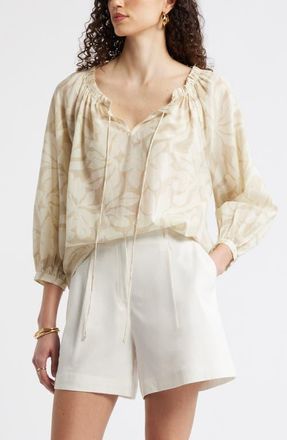 Nordstrom Ruffle Neck Tie Front Top in Ivory- Beige Fira Bloom at Nordstrom, Size Xx-Small