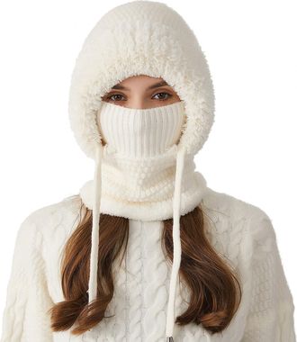 Generic 3 in 1 Beanie Hat for Women, 3 in 1 Beanie Hat with Scarf and Mask, Warm Neck Warmer Sets, Winter Woolly Hat with Warm Fleece Linning, for Outdoor Ski