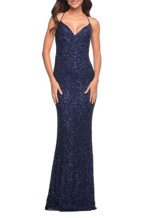 La Femme Luxurious Soft Sequin Dress with V Neckline in Navy at Nordstrom, Size 12