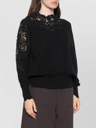 Ermanno Scervino cashmere lace panel sequin embellished boat neck long sleeve ribbed sweater