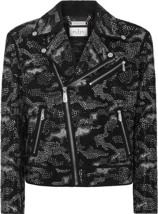 Philipp Plein Strass Leren Bikerjack Camouflage - Heren - Leren en Su&egrave;de Jassen - Zwart - M - Leer - Jassen