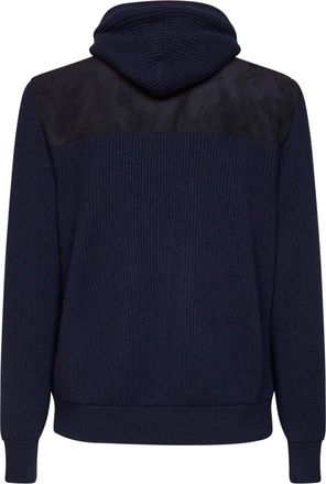 Brunello Cucinelli Mens Hooded Jacket Navy Blue Suede And Knit Bomber