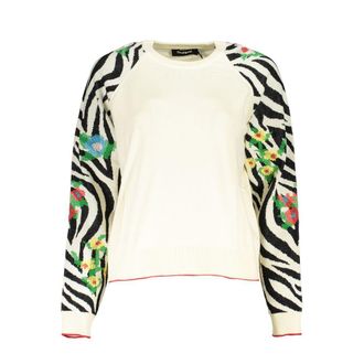 Desigual Elegant White Crew Neck Sweater with Contrast Womens Details