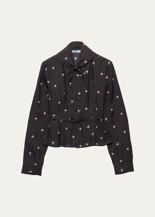 Prada Neck-Scarf Floral Silk Button-Down Blouse