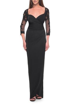 La Femme Long Jersey Evening Dress with Lace Sleeves in Black at Nordstrom, Size 20