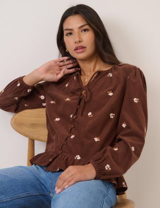 Nobody's Child Brown Cord Floral Embroidered Frill Blouse