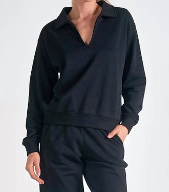 Elan Collared V-Neck Sweatshirt Top In Black