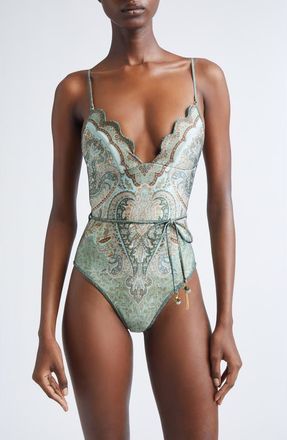Zimmermann Wanderlust Scalloped One-Piece Swimsuit in Tapestry Teal Multi at Nordstrom, Size 1