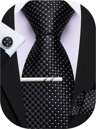 Barry.Wang Black Tie with Tie Clip for Men Plaid Silk Necktie Pocket Square Cufflinks Set Formal Business Wedding Party