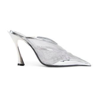 MUGLER Schoenen, Dames, Grijs, 37 1/2 EU, Leer, Zilveren Mesh Stiletto Hak Muiltje