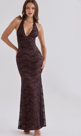House of CB Saskia - Vestito lungo sagomato in pizzo color cioccolato-Marrone