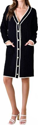 Beulah Coco Chanel Style Cable Long Mini Sweater Dress In Black/cream