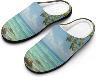 Generic Ocean View Beach Flowers Tree Slippers Men Winter Warm Cotton Anti-Slip Indoor Slip-Ons House Shoes