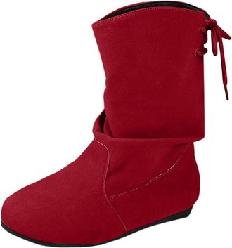 Generic Red Womens Comfortable Boots with Pleated Pile Construction Round Toe and Lace-Up Flat Design Perfect for Seasonal Trends and Leisure Outings