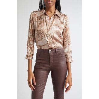 L'agence Dani Lace Print Three-Quarter Sleeve Silk Button-Up Shirt in Toasted Almond Lace Print at Nordstrom Rack, Size Medium