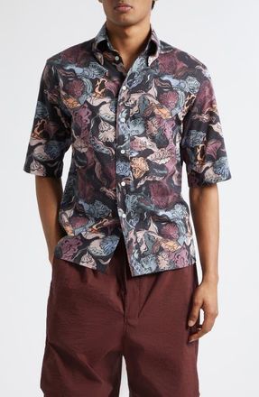 Christophe Lemaire Floral Short Sleeve Button-Down Shirt in Black /Plum at Nordstrom, Size 38 Us