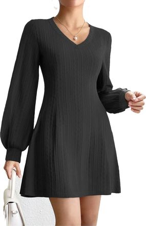 Zeagoo Women Long Sleeve Dress Elegant Cable Jumper Dress V Neck Lantern Sleeve Evening Dresses Autumn Black M
