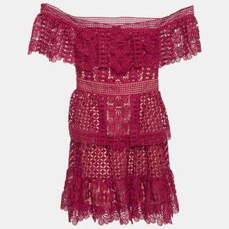 Self Portrait Burgundy Guipure Lace Off Shoulder Mini Dress
