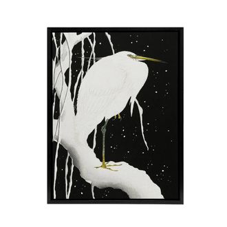 Artery8 Heron In Snow Covered Tree Branch Framed Canvas Wall Art Print Koson in Black | Size: W24 x H32