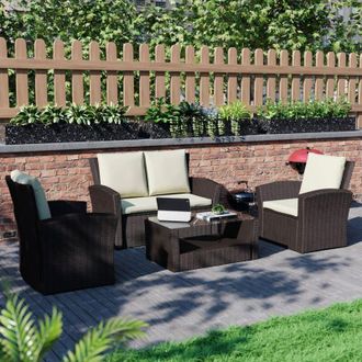 Home Discount Mylor Rattan Garden Furniture 4 Seater Outdoor Chair Sofa Table Set, Brown-With-Cover