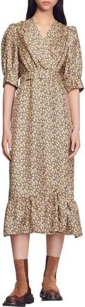 Sandro Enrika Floral Surplice Silk Dress in Beige at Nordstrom Rack, Size 4 Us / 36 Fr