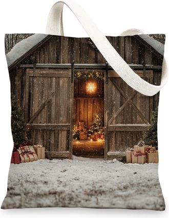 Generic Winter Farmhouse Christmas Canvas Tote Bag for Shopping 13x15, Country Barn Xmas Landscape Reusable Grocery Print Bag for Women Men, Farm Holiday Aest