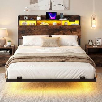 Costway Costway King Size Floating Platform Bed Frame w/ LED Lights & Charging Station in Brown