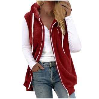 Generic Womens Fleece Gilet with Hooded Sherpa Fluffy Vest Sleveless Jacket Plus Size Zip Up Longline Teddy Fleece Waistcoat Solid Color Ladies Autumn Winter 