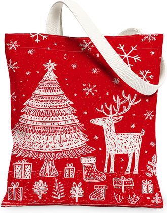 Generic Christmas Tree Canvas Tote Bags, Artistic Holiday Design Reusable Grocery Bags, Vintage Lightweight Washable Shoulder Strap, Red, 13x15 Inch