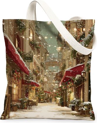 Generic Holiday Vintage Artistic Canvas Tote Bags, Decorative Winter Scene Reusable Grocery Bags, Lightweight Washable Shoulder Str, White, 13x15 Inch