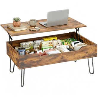 HOMCOM Homcom Mesa De Centro Elevable, Mesa De Caf&eacute; Para Sal&oacute;n Con Compartimento Oculto, Patas De Acero Para Sala De Estar, 95x50x40 Cm, Marr&oacute;n R&uacute;stico