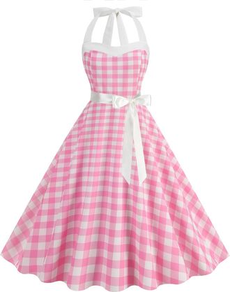 Generic Women Vintage 1950s Rockabilly Halter Neck Polka Dot Summer Swing A Line Midi Dress Cocktail Party Evening Prom Gown 1950s Vintage Cocktail Party Even