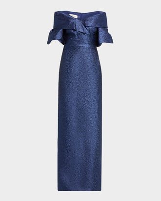 Teri Jon Off-Shoulder Jacquard Column Gown