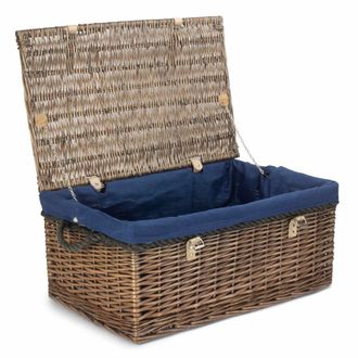Red Hamper 62cm Antique Wash Picnic Basket Blue Cotton Lining