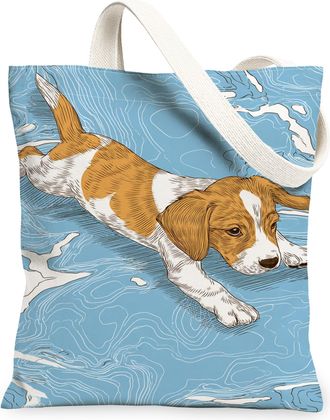Generic Dog Swimming Canvas Tote Bag, Vintage Artistic Reusable Grocery Bags, Lightweight Washable Shoulder Strap Canvas Bags for O, Blue, 13x15 Inch