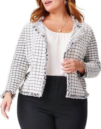 Nic+Zoe Nic+Zoe Plus Grid Fringe Mix Knit Pocket Jacket