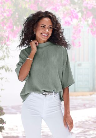 Lascana Kurzarmshirt LASCANA mit Stehkragen, Damen, Gr. 32/34, gr&uuml;n (lindgr&uuml;n), Cr&ecirc;pe, Obermaterial: 97% Polyester, 3% Elasthan, unifarben, l&auml;ssig geschnitten