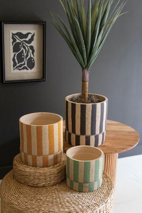 Kalalou Set Of Three Clay Planters With Striped Details + Trays -One Each Size