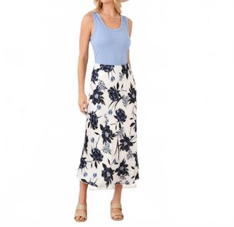 Karen Kane Satin Bias Cut Midi Skirt In Ivory Navy Blue Floral Print