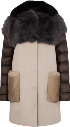 Moorer Elegante jas met dubbele tint en bont - Dames - Mantel - Beige - XS - Katoen - Jassen