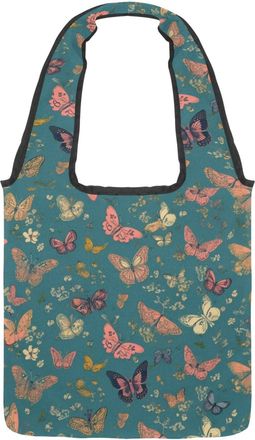 Generic Small Butterflies Blue Background Reversible Canvas Shoulder Tote - Double-Sided Print, 12oz Cotton, 27cm Drop, Fold-Flat Bag for Travel, Shopping, St