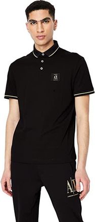 A|X Armani Exchange Black/Gold Logo Patch Polo Mens Clothing Black : MD, Cotton