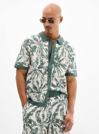 Le 31 Mens Abstract jacquard knit polo-collar Cardigan Sweater