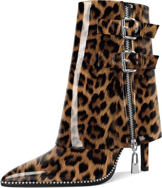 EDEFS Womens Fold Over Boots with Mid Calf Ankle Boots High Heel Booties Side Zipper Dress Leopard UK5