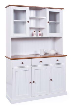 Inter Link SAS Buffet Avec Trois Portes Et Trois Tiroirs Avec Vitrine Sup&eacute;rieure, Blanc Avec D&eacute;tails Marron, 131 X 181 X 45 Cm - Dmora