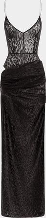 Alex Perry Leopard Burnout Asymmetric Draped Column Bikini Gown