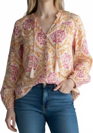 Elan Print Button Blouse In Gold Multi